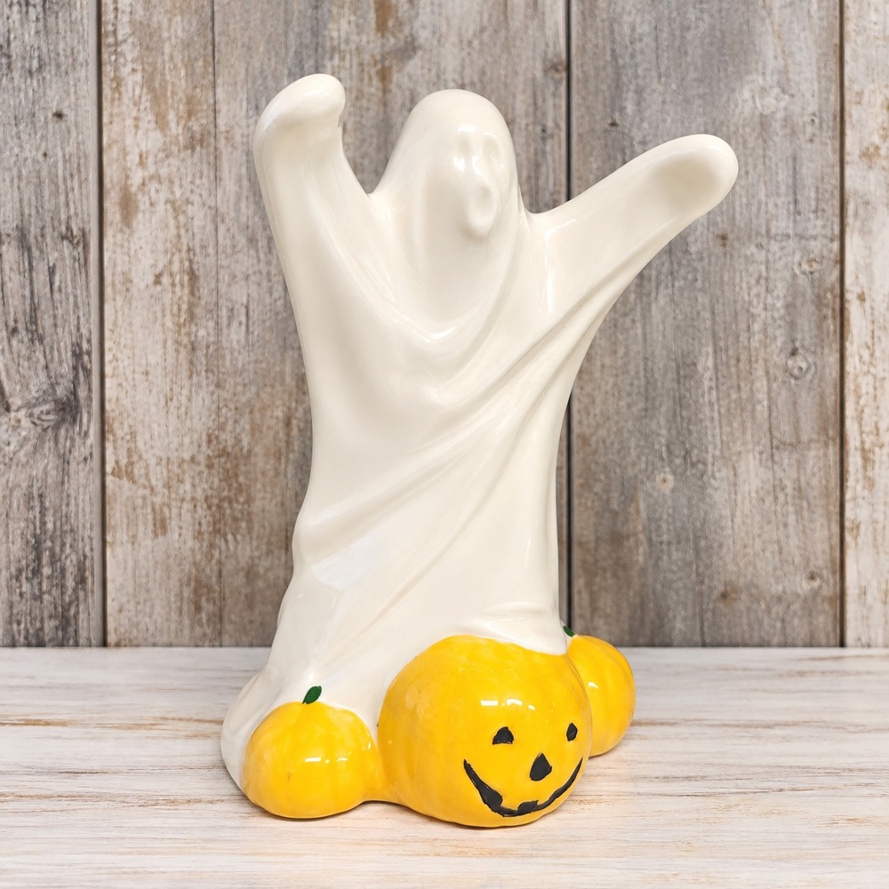 Vintage Halloween Ceramic White Ghost Spooky Jack-O-Lantern Pumpkin Shelf Sitter